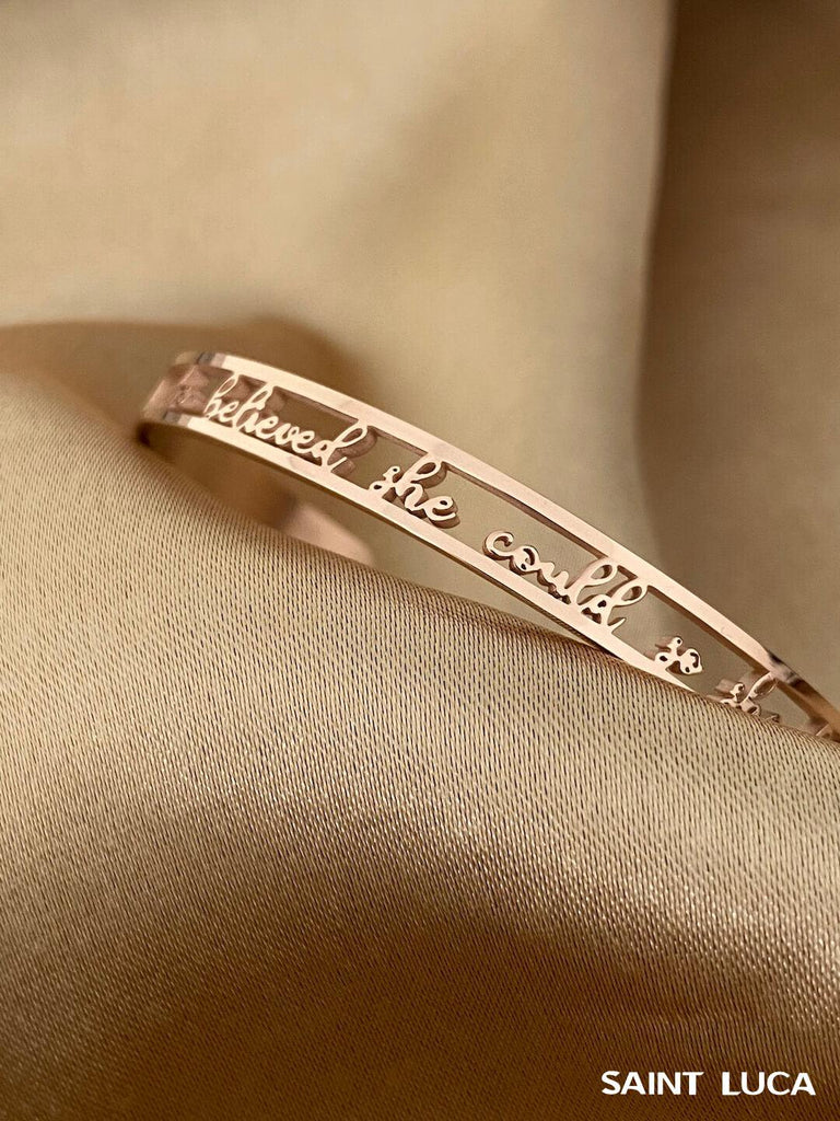 SHE BELIEVED SHE COULD, SO SHE DID Mantra Rose Gold Cuff Bracelet - Saint Luca Jewelry