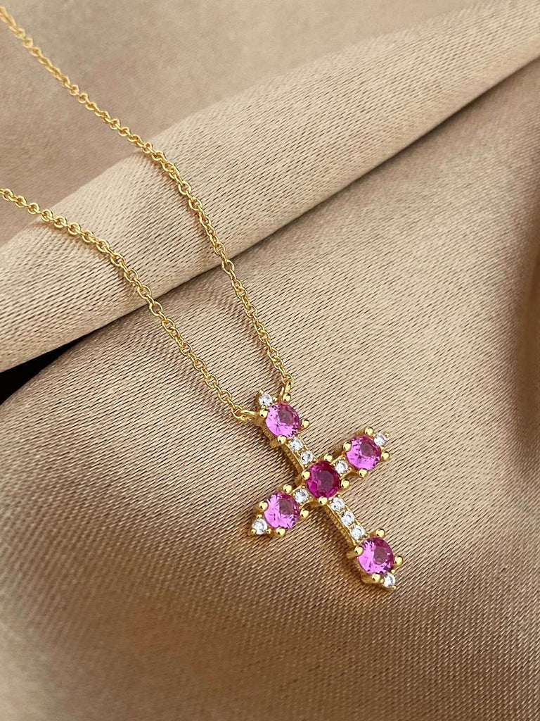 18K PINK BLOSSOM de Symphony Couture Gold Crystal Cross Necklace - Saint Luca Jewelry