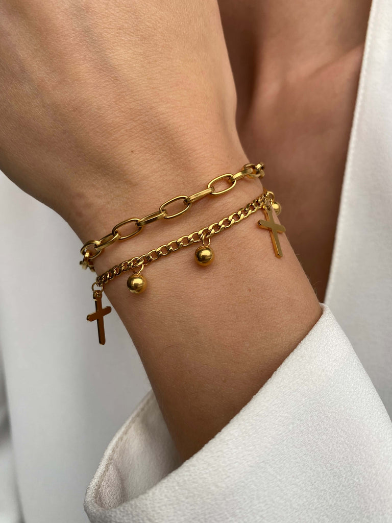 JANEIRO GOLD Cross Double Chain Bracelet - Saint Luca Jewelry