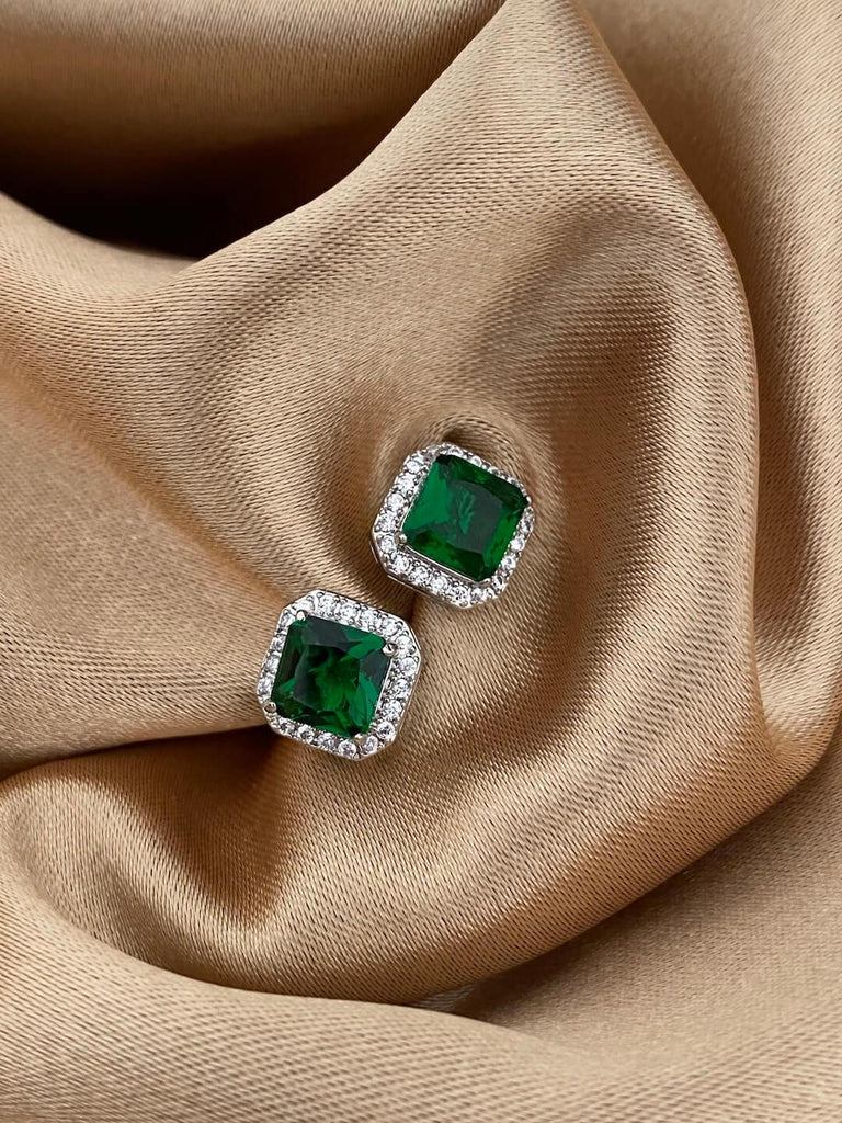 CHRISTELLE SILVER Emerald Crystal Stud Earrings - Saint Luca Jewelry