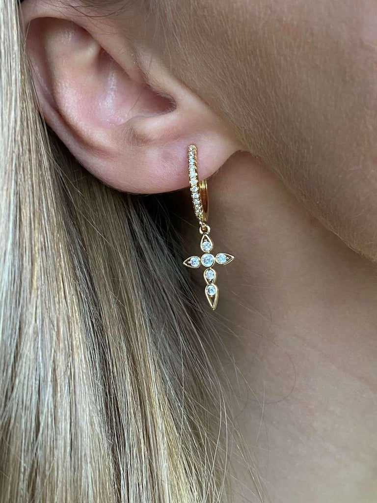 MARY GOLD Cross Hoop Earrings With Crystal - Saint Luca Jewelry