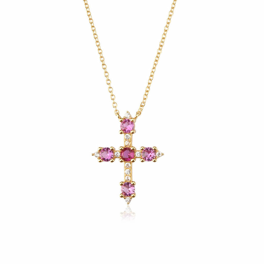 18K PINK BLOSSOM de Symphony Couture Gold Crystal Cross Necklace - Saint Luca Jewelry