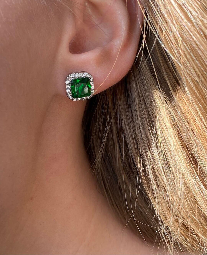 CHRISTELLE SILVER Emerald Crystal Stud Earrings - Saint Luca Jewelry